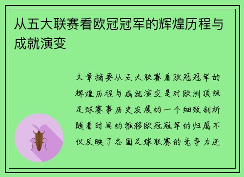 从五大联赛看欧冠冠军的辉煌历程与成就演变